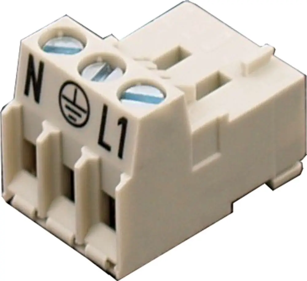 Grau gefärbter Gegenstecker mit drei Anschlüssen, markiert für N, L1 und Erdung. Das Produkt gehört zur Marke Wolf und ist für CGG-2/CGG-2K geeignet.
